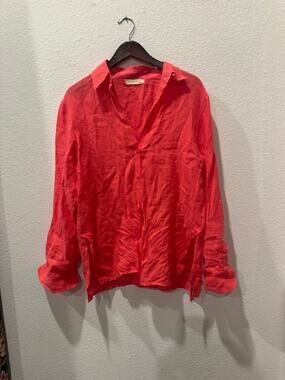 Stark x Coral Red 100% Linen Popover Shirt Tunic Long Sleeve Women L Made in USA